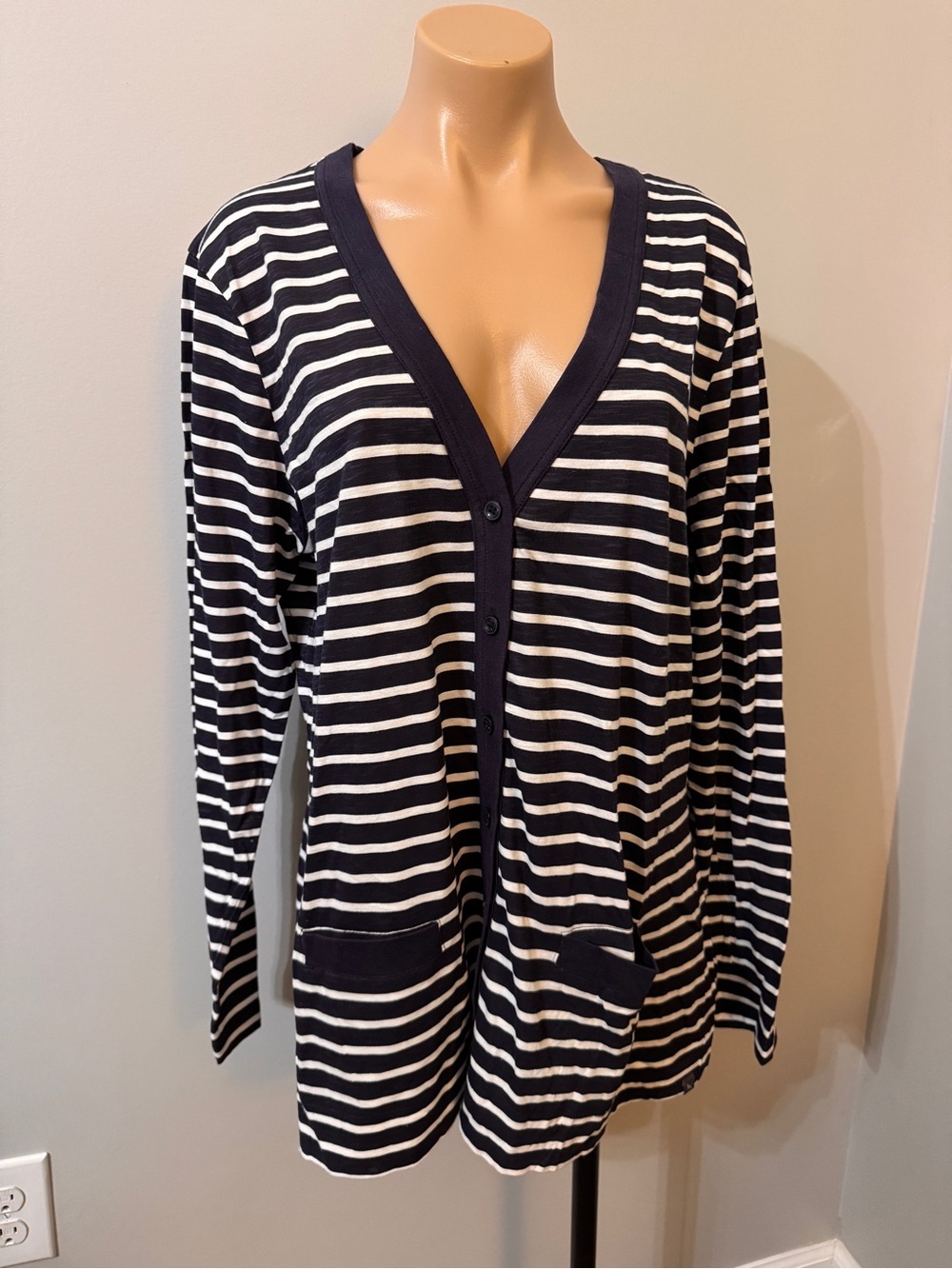 Eddie Bauer Navy White Stripe Button Front Cardigan XL